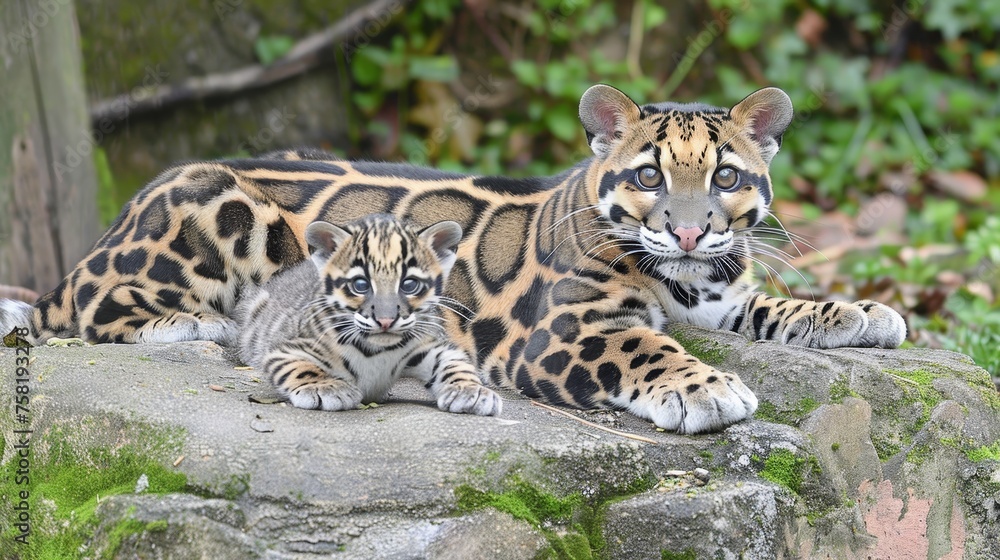 Poster male clouded leopard and cub portrait with empty space on left for text, object on right side