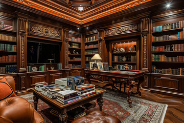 Antique Library with Dark Wood Bookshelves Full of Books. A wall full of Old ancient books of a...