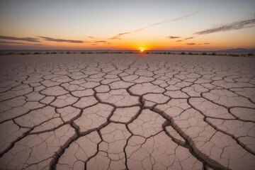Global warming concept. Oceans drought cracked landscape on colorful sunset sky.