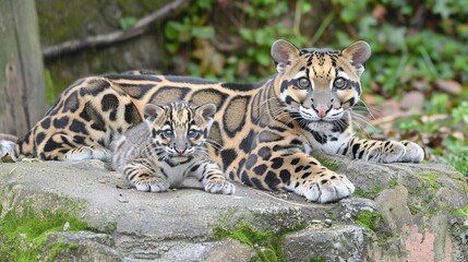 Male clouded leopard and cub portrait with empty space on left for text, object on right side