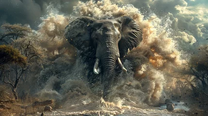 Tuinposter a surreal moment as an enormous elephant leaps into a river its massive form causing a colossal tsunami The wave towers over the landscape © Tanongsak