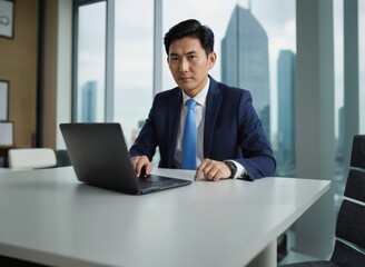 Japanese businessman in a suit working on a laptop at a modern office desk