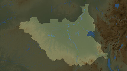 South Sudan highlighted. Physical elevation map