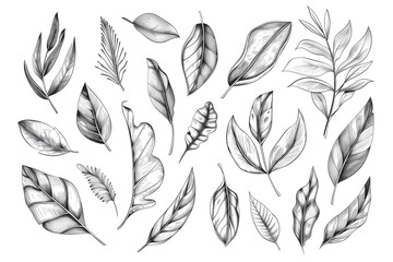 Monochrome Collection of Hand-Drawn Leaves - Isolated on White Transparent Background PNG