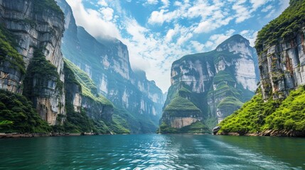 Goddess peak: serene beauty of yangtze river three gorges nature reserve, captured in stunning scenery shot - obrazy, fototapety, plakaty