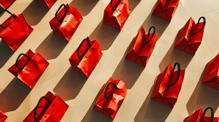 ed shopping bags neatly arranged in rows, with shadows cast on a light background - obrazy, fototapety, plakaty
