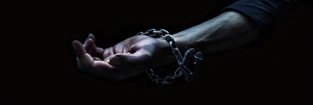 A hand locked in handcuffs, set against a stark black background, symbolizing loss of freedom and the weight of confinement