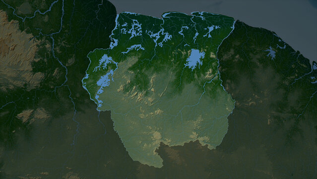 Suriname highlighted. Physical elevation map