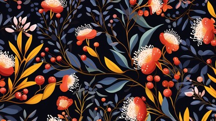 create an australian eucalyptus floral pattern with wildflowers and red flowers - obrazy, fototapety, plakaty