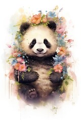 Beautiful japanese poster with colorful watercolor panda. Cartoon panda with flowers crown collection on colorful backdrop. Hand drawn style. Cute wildlife animal Beauty portrait.  Ai created