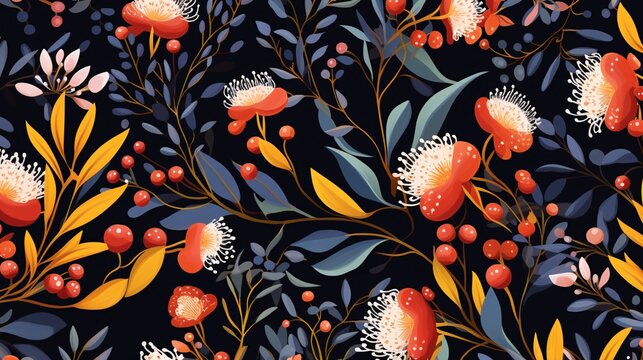 create an australian eucalyptus floral pattern with wildflowers and red flowers