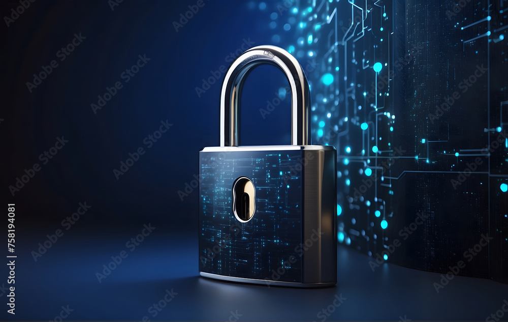 Poster a digital padlock set against a dark blue backdrop symbolizing cyber security technology aimed at pr