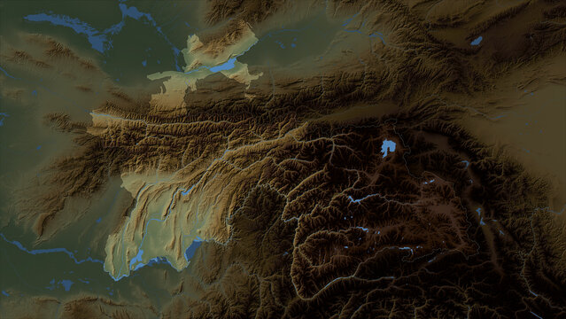Tajikistan highlighted. Physical elevation map