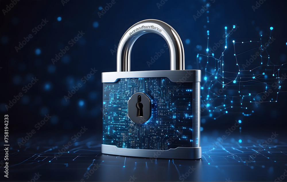 Poster a digital padlock set against a dark blue backdrop symbolizing cyber security technology aimed at pr