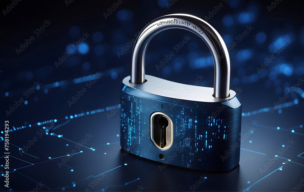 Poster a digital padlock set against a dark blue backdrop symbolizing cyber security technology aimed at pr