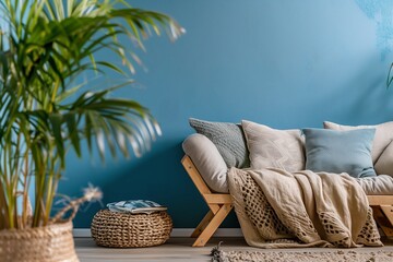 Modern blue-themed interior with comfortable sofa, wooden flooring, and stylish decor accents. - obrazy, fototapety, plakaty