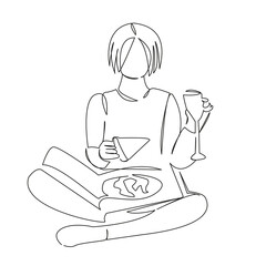 girl eats pizza and drinks champagne wine