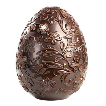 Chocolate Easter egg with flowers and leaves on it. The egg is brown and has a floral design