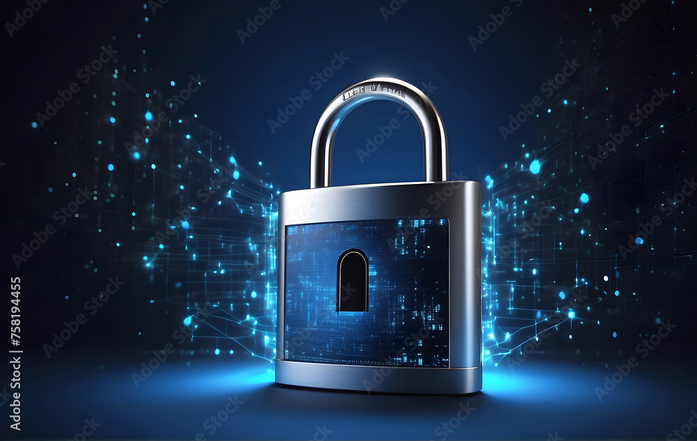 Poster a digital padlock set against a dark blue backdrop symbolizing cyber security technology aimed at pr