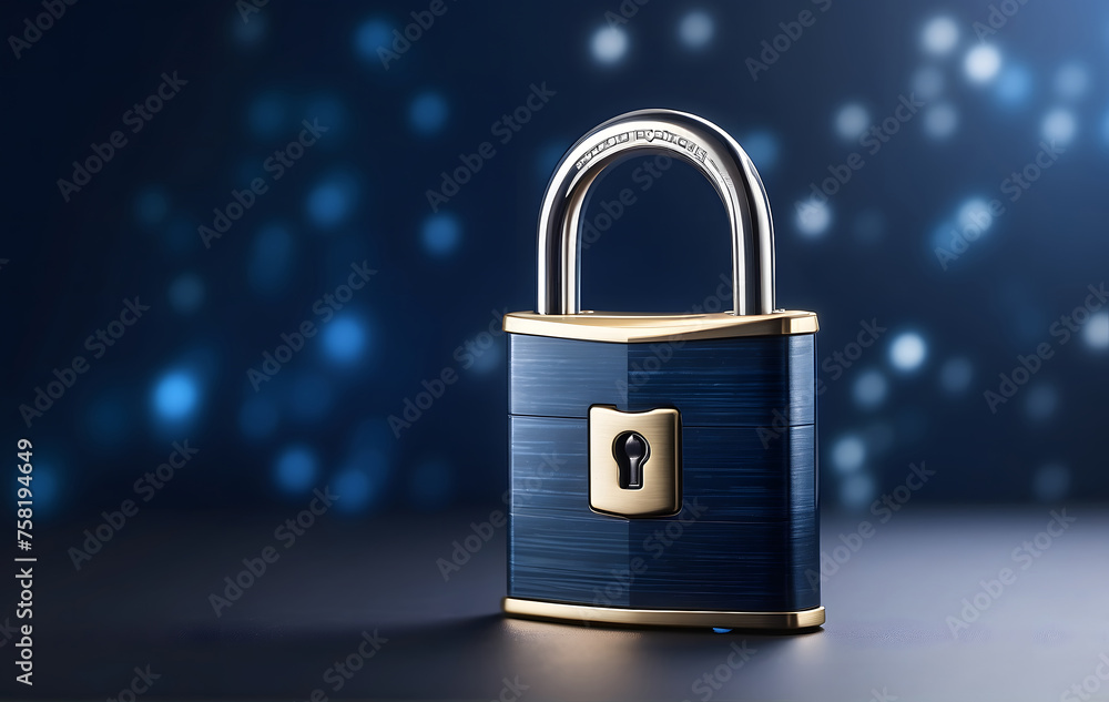 Poster a digital padlock set against a dark blue backdrop symbolizing cyber security technology aimed at pr