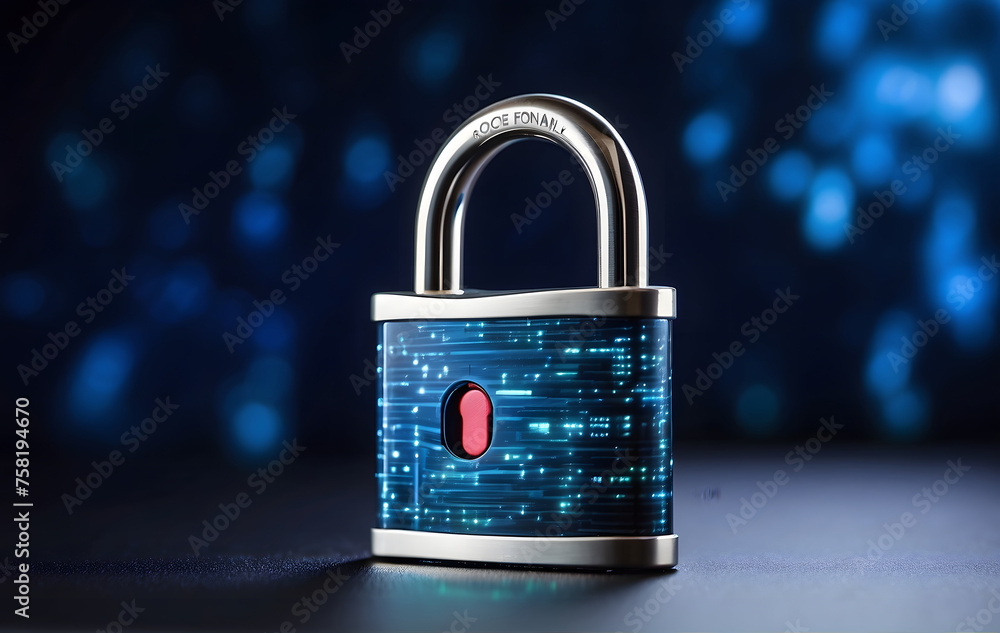Poster a digital padlock set against a dark blue backdrop symbolizing cyber security technology aimed at pr