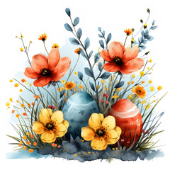Colorful decorated Easter eggs and flowers isolated on white background in watercolor style. Happy Easter illustration concept. Easter composition with flower wreath. Design for spring greeting card