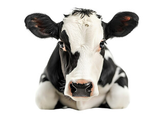 A young cow with black and white markings stares at the camera. The cow's eyes are large and expressive, and its nose is prominently visible. Concept of curiosity and wonder