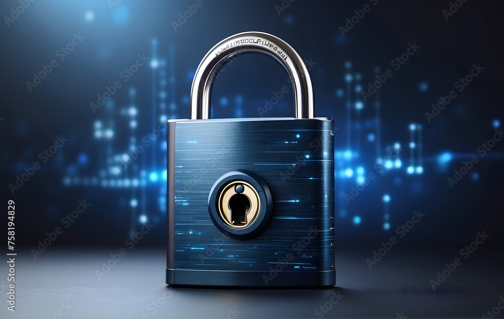 Poster a digital padlock set against a dark blue backdrop symbolizing cyber security technology aimed at pr
