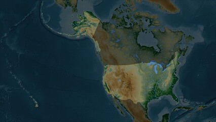 United States of America highlighted. Physical elevation map