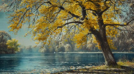 Colorful autumn trees alongside tranquil riverbank, nature's beauty in full display