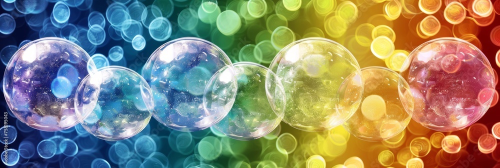 Poster abstract background with soap bubbles reflecting a beautiful spectrum of colorful rainbow colors