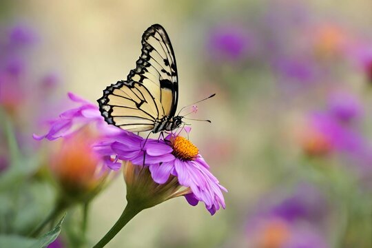 Monarch butterfly on wild flower, natural background, macro.