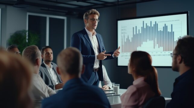 Confident businessman delivering a presentation consulting training persuading employees client group, mentor leader explain graph strategy at team meeting workshop