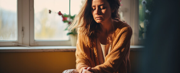 A pensive young woman sits by a window, lost in thought The room's warm tones contrast her somber mood She contemplates life, suggesting disinterest or distraction - obrazy, fototapety, plakaty