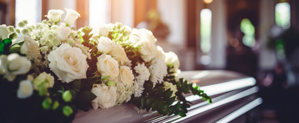 Solemn ambiance as pristine white roses adorn a casket, signaling mourning and reverence in a dimly lit room, evoking a serene farewell