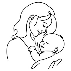 One line art of woman holding a child, single line art An image that expresses the love of a mother and child.