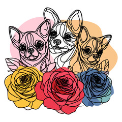 cute line art drawing, chihuahua on colorful flower, abstract line art, tattoo style 