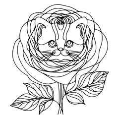 cute line art drawing, kitten on flower, abstract line art, tattoo style 