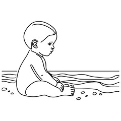 single line drawing A baby is sitting alone on the beach.