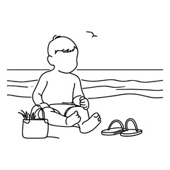 single line drawing A baby is sitting alone on the beach.