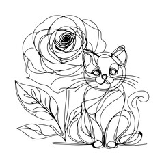 cute line art drawing, kitten and flower,rose, abstract line art, tattoo style 