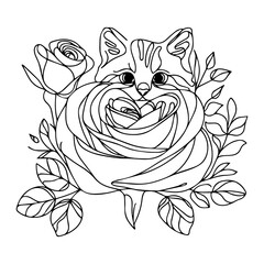 cute line art drawing, kitten on flower, abstract line art, tattoo style 
