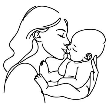 One line art of woman holding a child, single line art An image that expresses the love of a mother and child.