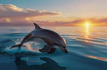 Dolphin Grace: Gliding in Open Ocean Serenity at Sunset. Generative AI.