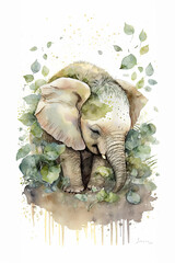 Baby elephant in watercolor style on white background. Animal with Flowers colorful Crown. Cute wildlife animal cartoon drawing. Decorative kids background. include "Generative AI"	
