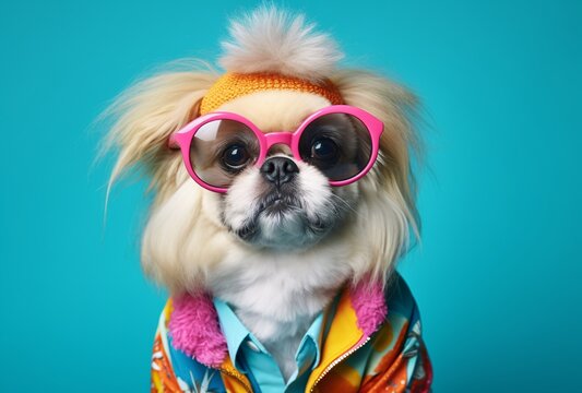 a portrait of a cute pekingese dog in a colorful clothing