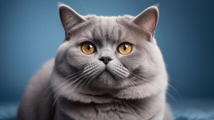 Portrait of a british shorthair cat on blue background.
