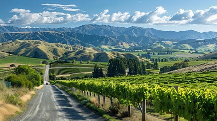 Scenic drive: queenstown to wanaka via crown range, capturing the majestic landscape of rocky mountains and serene grasslands - obrazy, fototapety, plakaty