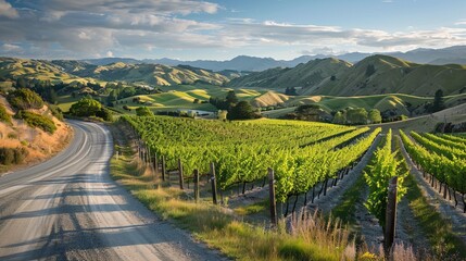 Naklejka premium Scenic drive: queenstown to wanaka via crown range, capturing the majestic landscape of rocky mountains and serene grasslands