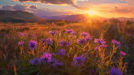 Vibrant sunset scene: wind-blown purple asters amidst northern new mexico's landscape